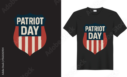 Bold and respectful Patriot Day t-shirt design featuring American flag, twin towers silhouette, and “Never Forget 9/11” text—honoring heroes and remembering the fallen.
