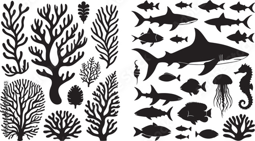 Black coral fish shark jellyfish seahorse vector
