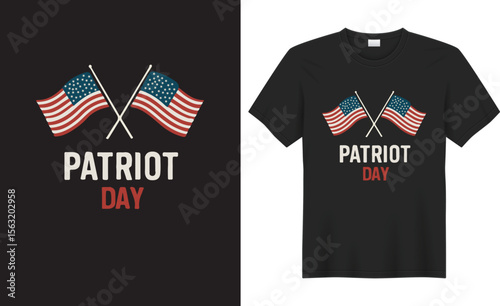 Bold and respectful Patriot Day t-shirt design featuring American flag, twin towers silhouette, and “Never Forget 9/11” text—honoring heroes and remembering the fallen.

