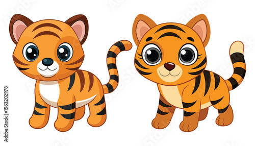  Cute kawaii tiger cub, cartoon stripes and rounded ears, friendly pose, soft vector illustration isolated on transparent background, AI Generative
