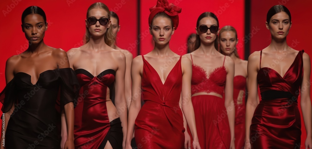 Obraz premium Models present designer clothes on red runway. Fashion show collection on stage. Women walk catwalk, posing in stylish dresses. Fashionable elegant trendy clothes on women figures. Glamour. Red