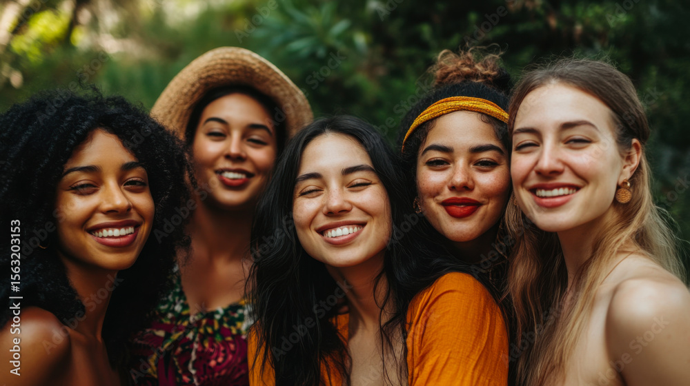 Obraz premium Group of smiling women enjoying a sunny day outdoors in a lush garden setting while showcasing their friendship and joy