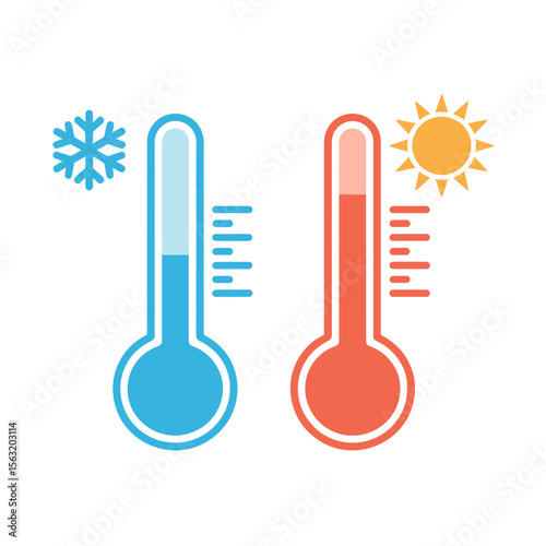 Hot and Cold Temperature Thermometer Icon with Sun and Snowflake
