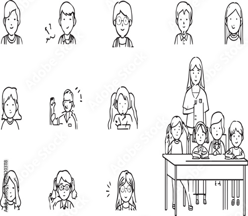 Doodle style illustration of diverse students and teachers in various poses and classroom settings