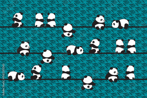 Abstract Panda with line on bamboo leaf background.