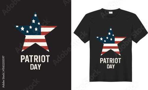 Bold and respectful Patriot Day t-shirt design featuring American flag, twin towers silhouette, and “Never Forget 9/11” text—honoring heroes and remembering the fallen.
