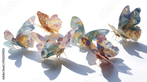 Delicate Watercolor Butterflies with Soft Shadows on White Background