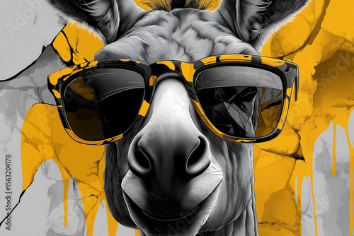 funny smiling donkey in sunglasses on beige background, minimalistic animal portrait