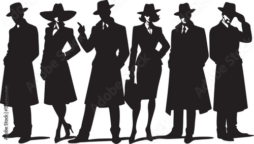 Silhouetted figures in vintage attire fashion women