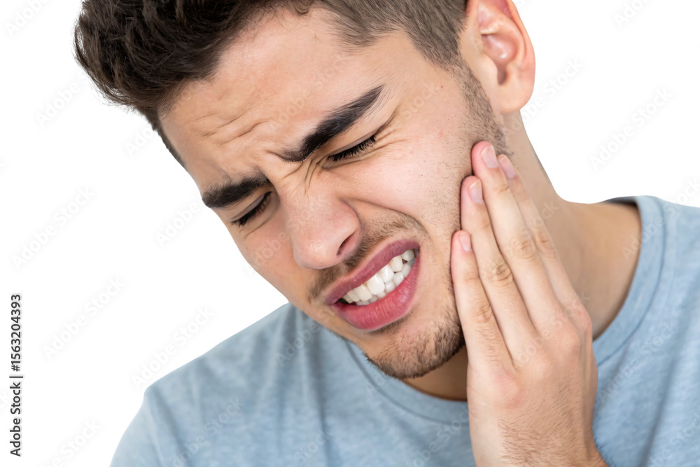 Brown-haired male experiencing dental discomfort touching his face while grimacing in tooth pain, isolated on a transparent background Brown-haired male experiencing dental discomfort touching his face while grimacing in tooth pain, isolated on a transparent background