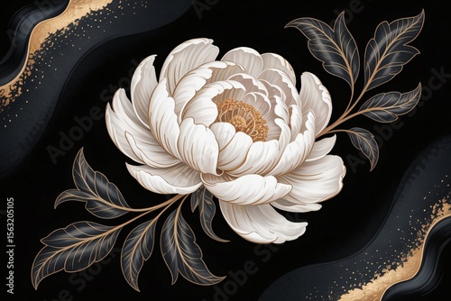 Elegant white peony flower with gold accents and dark leaves on black background