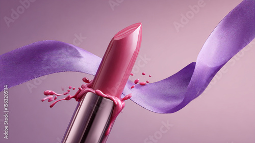 Pink Lipstick with Purple Ribbon and Splashing Liquid