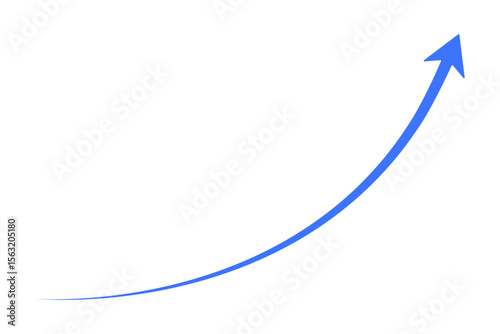 A bright blue upward curving arrow indicating progress and growth isolated on transparent background