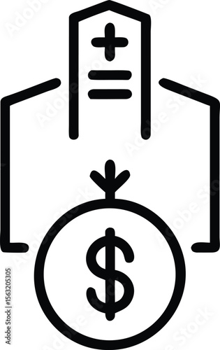 Hospital funding icon, financial support for medical institution, outline illustration