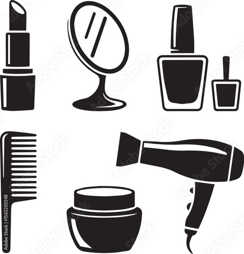 Beauty products vector illustration set cosmetics makeup mirror lipstick nail polish