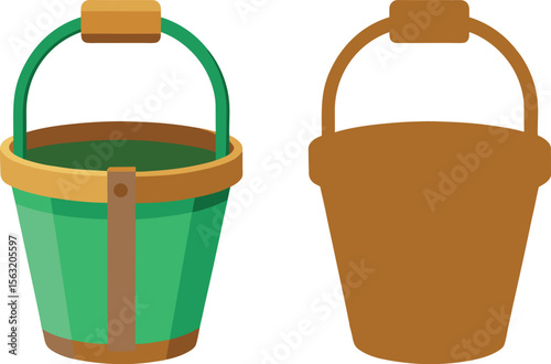 Green and brown buckets side by side one filled one empty simple illustration