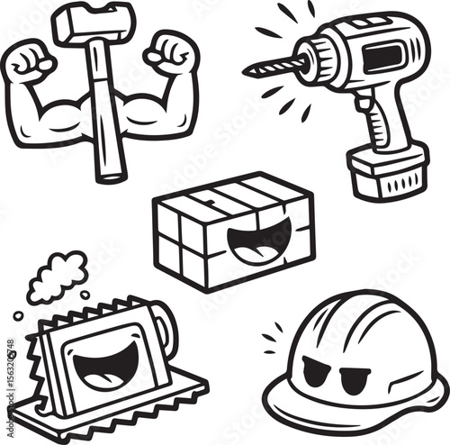 Construction tools vector illustration set hammer drill brick trowel safety helmet