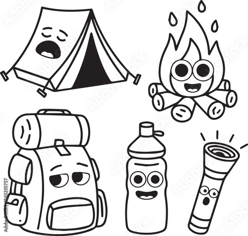 Camping gear coloring page for kids tent backpack campfire flashlight water bottle