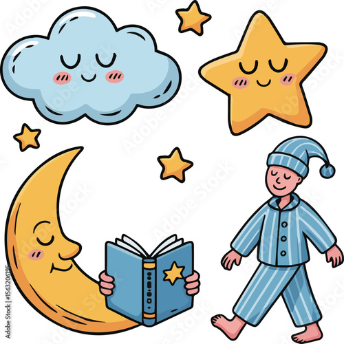 Cute bedtime illustration sleepwalking cloud moon star pajamas book vector art