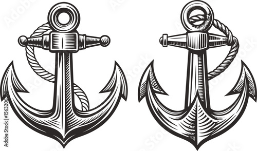 Two detailed nautical anchors with rope design elements ink sketch black and white engraving monochrome vector illustration