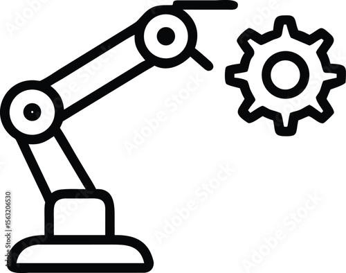 Industrial robotic arm outline icon with gear wheel, automated manufacturing vector