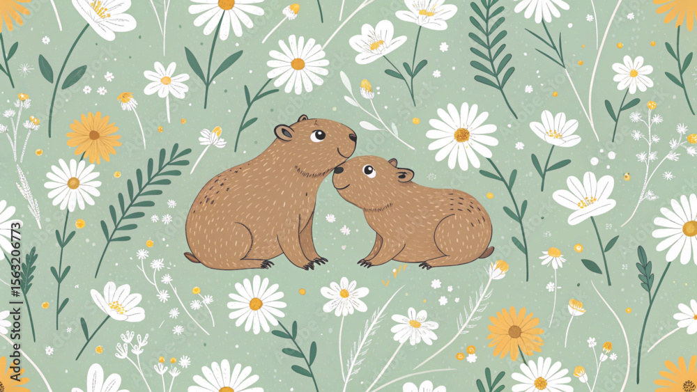 Obraz premium Capybara Daisy Seamless Pattern Background