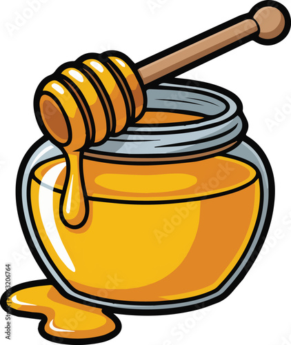 Delicious honey jar with dipper illustration for healthy food and sweet treat lovers