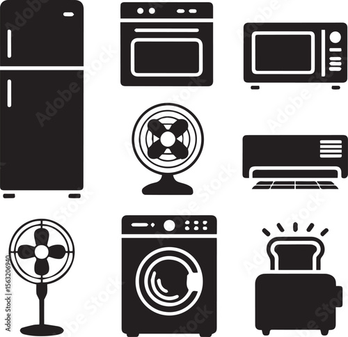 Home appliances vector icons set refrigerator oven microwave fan air conditioner washer