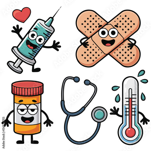 Medical cartoon icons set vector illustration healthcare and medicine elements