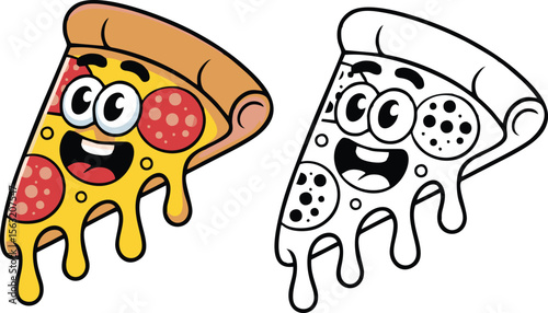 A cartoon pizza slice with pepperoni and cheese next to a black and white outline version of the same slice