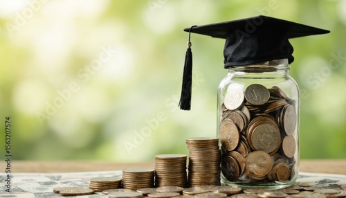 Conceptual photo about cost of education. Graduation cap on glass jar with coins. Stacked money steps represent savings. Scholarship fund, student loan, tuition fee payment, investment in knowledge.