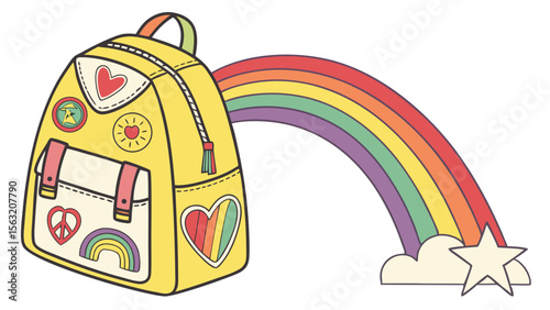 A yellow backpack with patches is next to a colorful rainbow with a cloud and star at the end