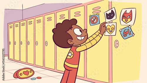 A young boy with superhero outfit decorates his locker with superhero themed drawings in school hall