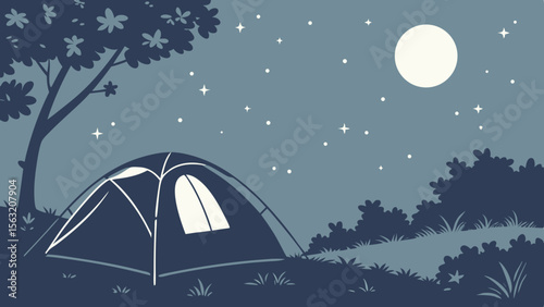 A camping scene at night with a tent under a tree and a bright moon surrounded by many stars above it