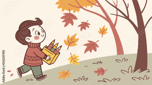 A boy in a sweater carrying a box of crayons walking through a field with falling autumn leaves near trees