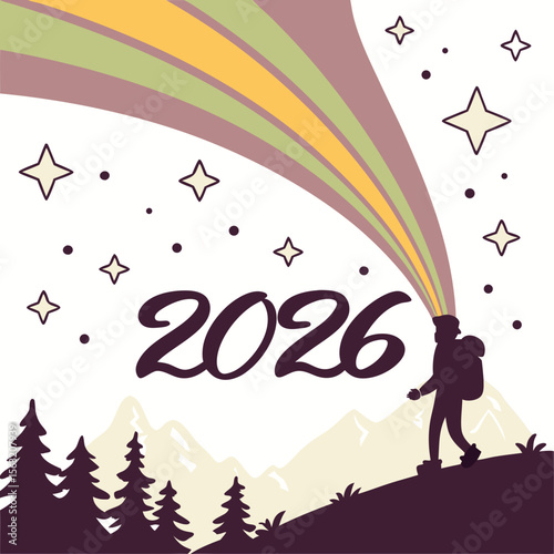 Hiker watching colorful aurora over mountains night sky