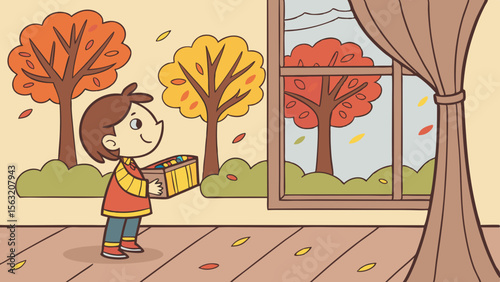 A boy holding a box standing in a room with a window showing autumn trees and falling leaves outside