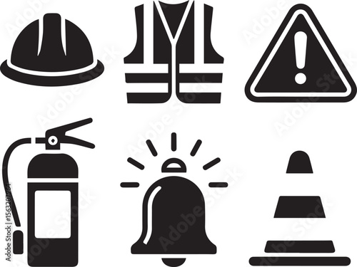 A collection of safety related icons including a hard hat vest warning sign and fire extinguisher bell cone