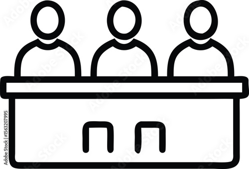 Jury icon line art of three people behind desk illustration