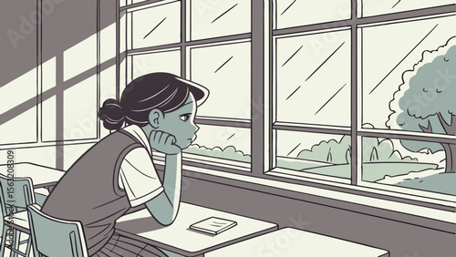 Girl looking out the window in a classroom with desks and a view of trees and sky outside the window pane