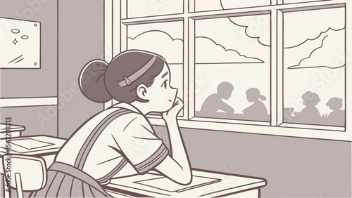 Girl daydreaming at desk in classroom looking out window at students and clouds in the sky outside