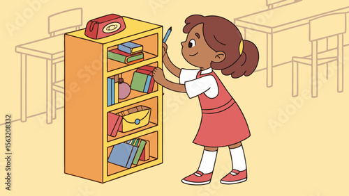 A girl with brown hair wearing a red dress organizing books on a yellow bookshelf in a classroom setting