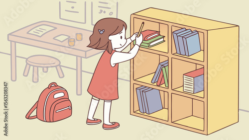 Girl in a red dress arranging books on a yellow bookshelf in a room with a desk and a red backpack