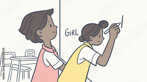 Two girls in a classroom one writing on the board with the word girl and the other standing nearby looking on