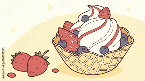 A waffle cone filled with soft serve ice cream decorated with strawberries and blueberries art style