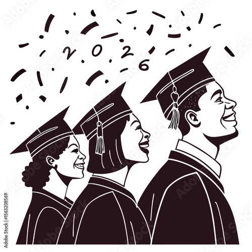 Smiling graduates celebrating with confetti graduation