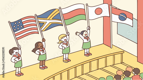 Illustrative scene of children holding international flags on a stage with an audience present