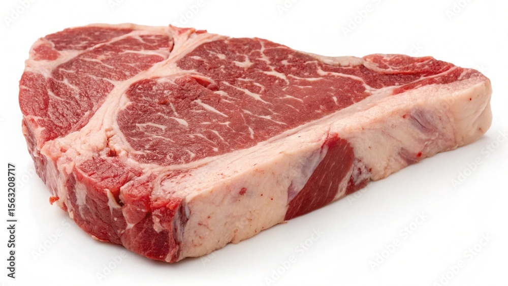 Raw T-Bone Steak: High-Resolution Close-up Studio Shot, Isolated on White Background, Vibrant Red Meat Texture. Raw T-Bone Steak: High-Resolution Close-up Studio Shot, Isolated on White Background, Vibrant Red Meat Texture.