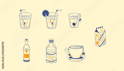 Refreshing Drink Assortment: Vector Icons for Coffee, Wine, Soda & More