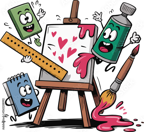 colorful cartoon art supplies scene with easel paint brush notebook ruler and hearts on canvas